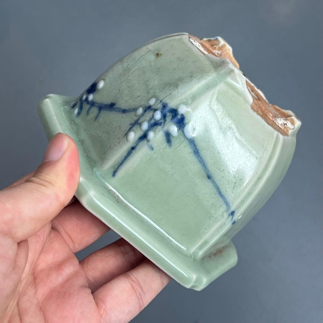 813.尾張焼 青瓷染付六角鉢 盆栽鉢 植木鉢 13.2*11.6*8.1cm