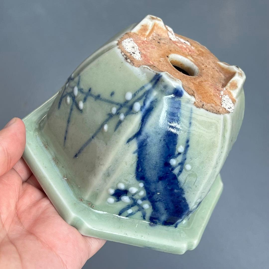 813.尾張焼 青瓷染付六角鉢 盆栽鉢 植木鉢 13.2*11.6*8.1cm