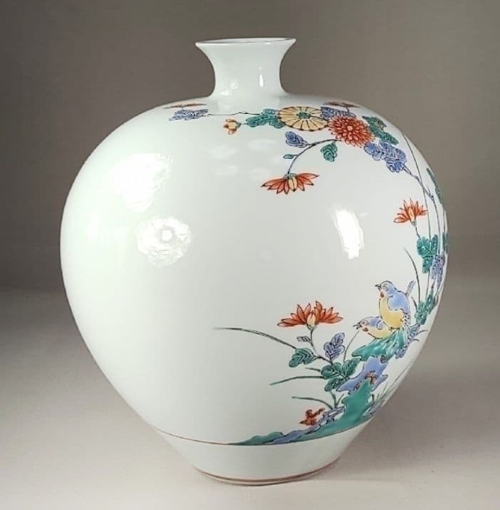 [未使用 美品]　有田焼　高麗庵　清六窯　中村清六　錦絵　花鳥紋　花瓶　希少