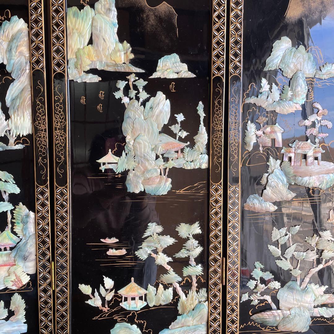 貝殻細工の風景画屏風 4つ折り