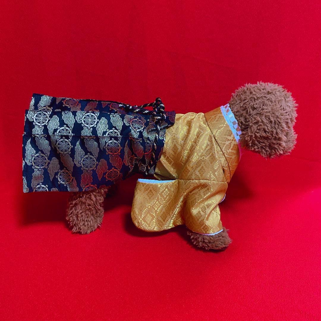 犬の袴✨本格着物&袴セット 西陣織金襴 和宝 金茶×黒 M 犬服