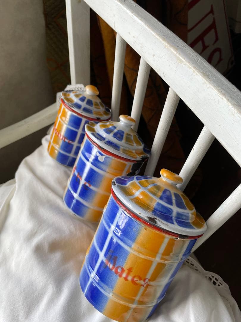 フランス　アンティーク　ホーロー　キャニスター　3個　ブルー　オレンジ　チェック