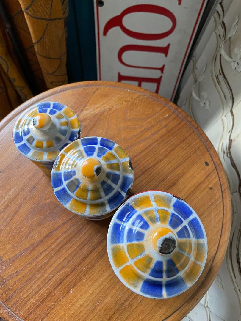 フランス　アンティーク　ホーロー　キャニスター　3個　ブルー　オレンジ　チェック