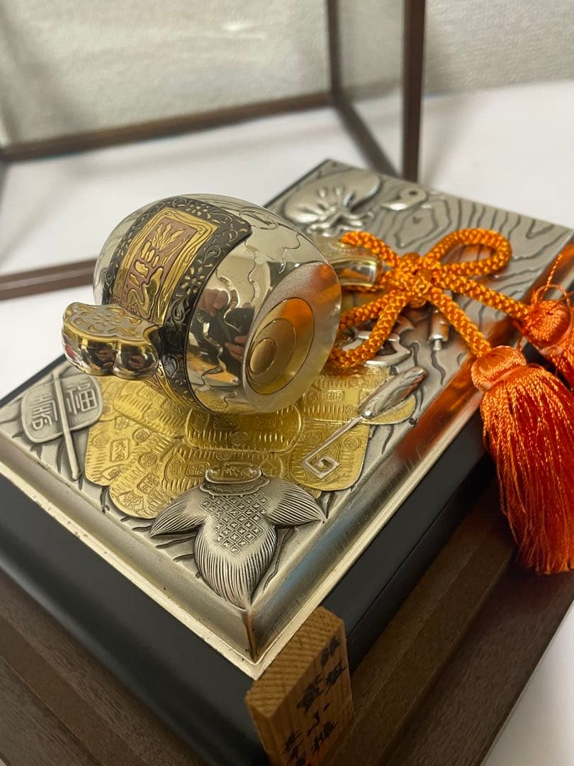 銀製 　置物　長幸斎作　小判古槌　縁起物　商売繁盛　ガラスケース入り