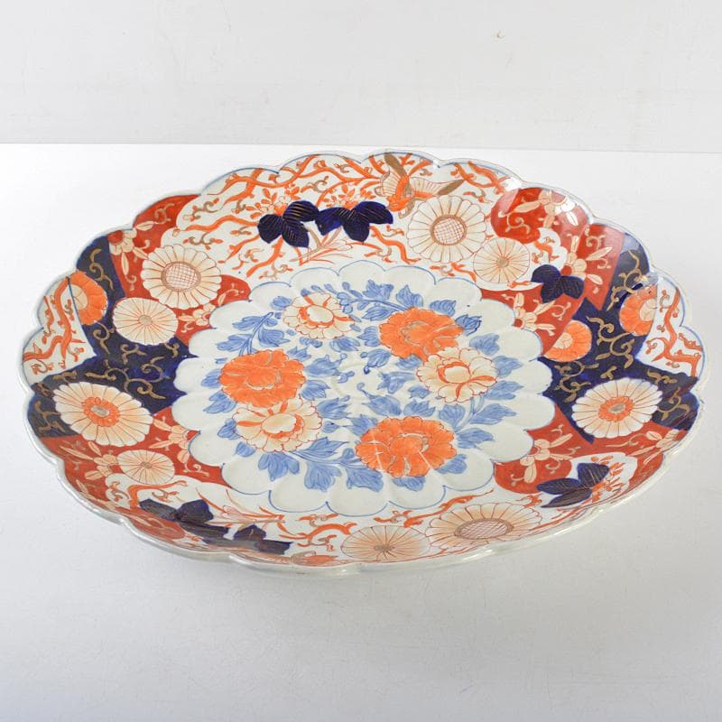 りりあ　古伊万里　染錦　花文輪花皿　大皿　直径約40cm　V　R5856B