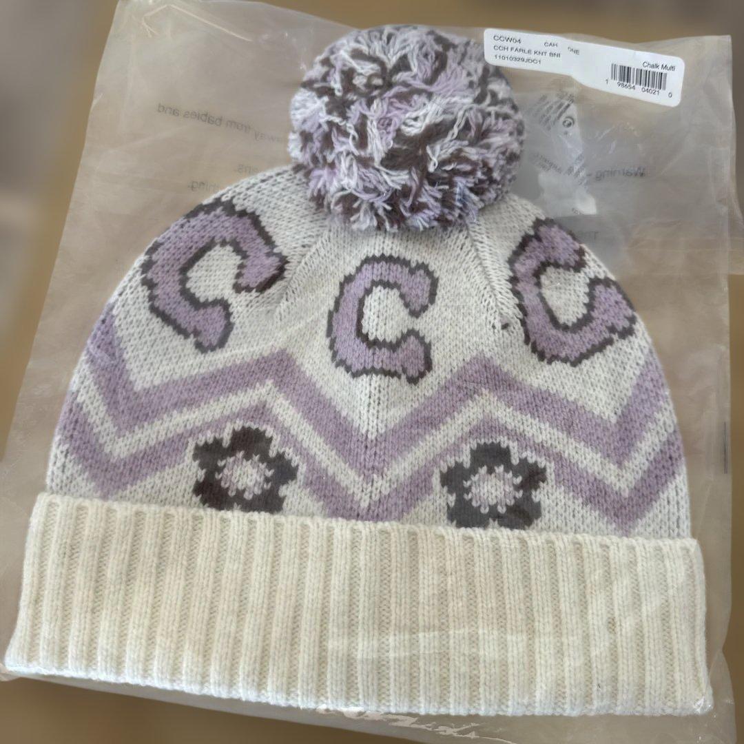 COACH ニット帽 ホワイト/ラベンダー　フェア アイル プリント ビーニー