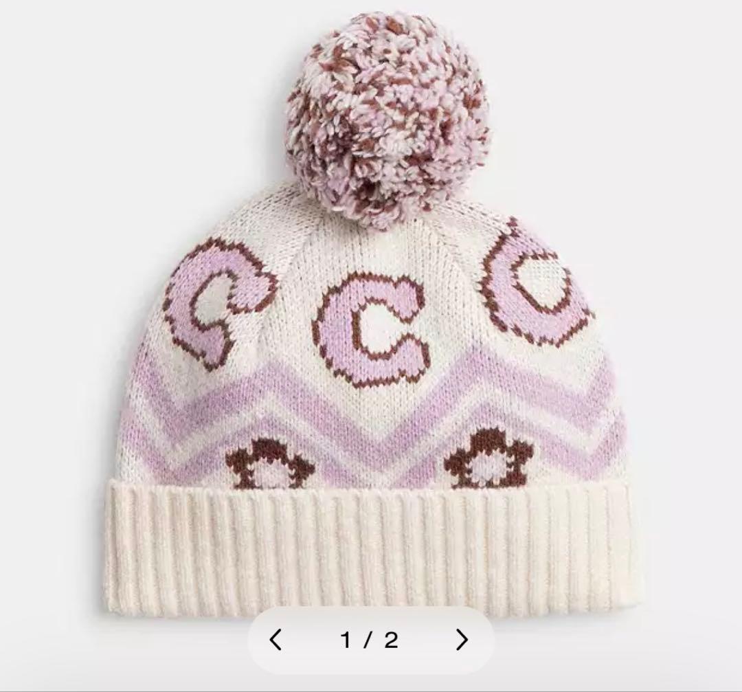 COACH ニット帽 ホワイト/ラベンダー　フェア アイル プリント ビーニー