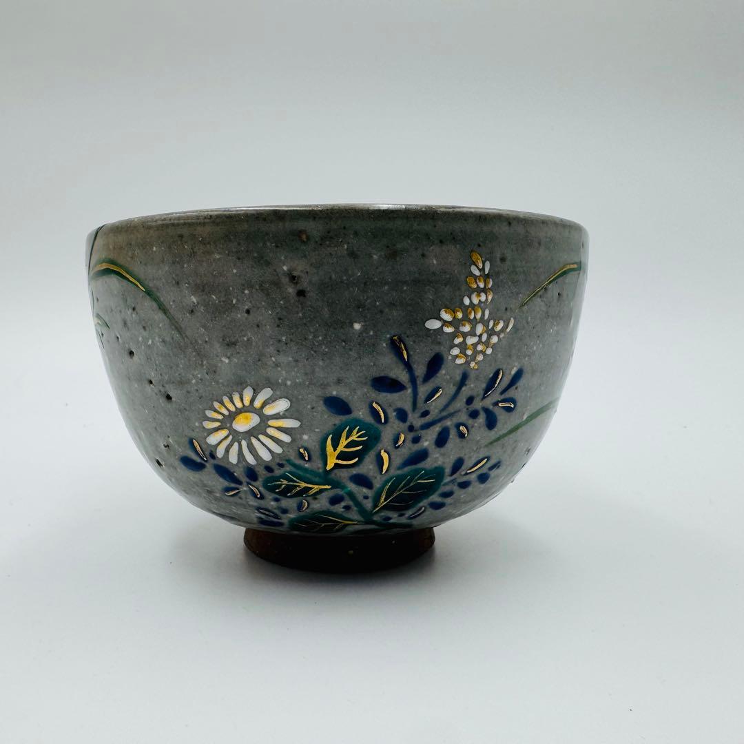 【清閑寺　杉田祥平　色絵桔梗に秋草画　茶碗　共箱】茶道具　骨董　アンティーク
