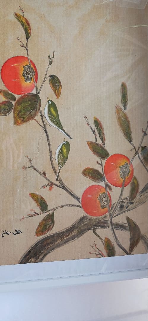 柿にメジロ、美濃和紙に田中秀光の真作画、額付き、送料無料