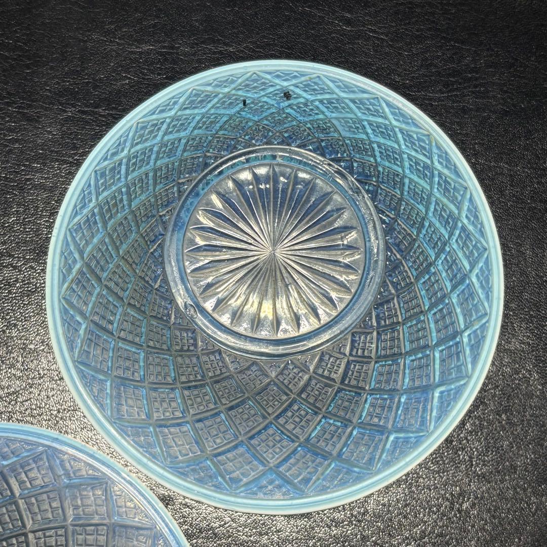 ★明治/大正ガラス！綺麗なブルーに乳白ぼかし小鉢/気泡ガラス/氷コップ/2個！★