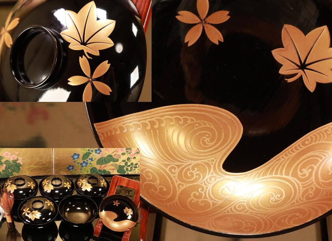 BJ110　時代輪島塗　流水紅葉桜図蒔絵　吸物椀　五客　木製　茶道具 懐石 会席