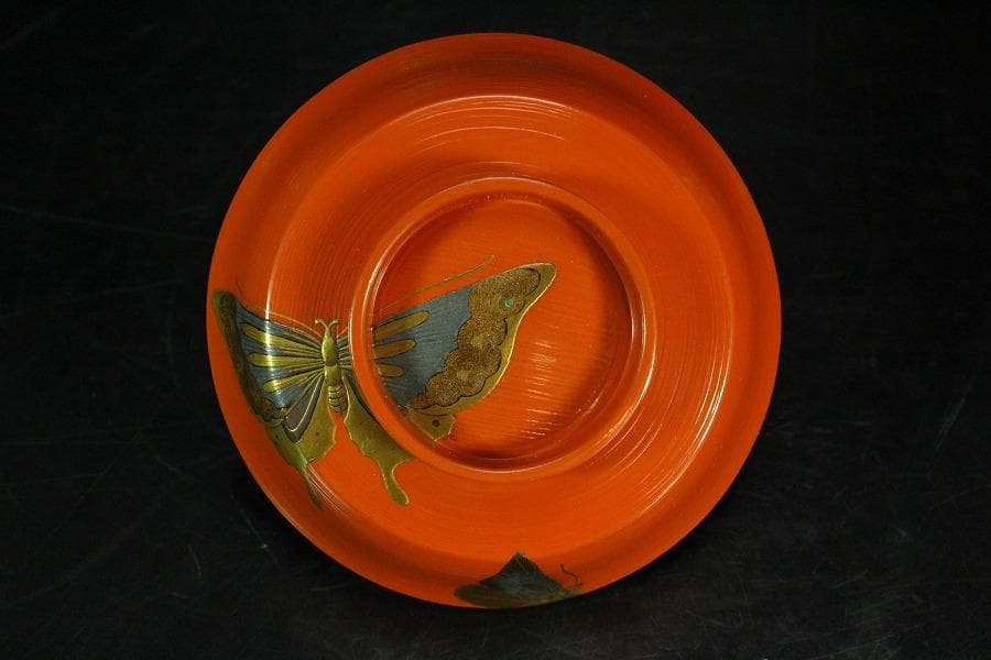 京都 象彦 造 群蝶蒔絵 朱刷毛目 小吸物椀 五客 共箱 美品(K-XA804)