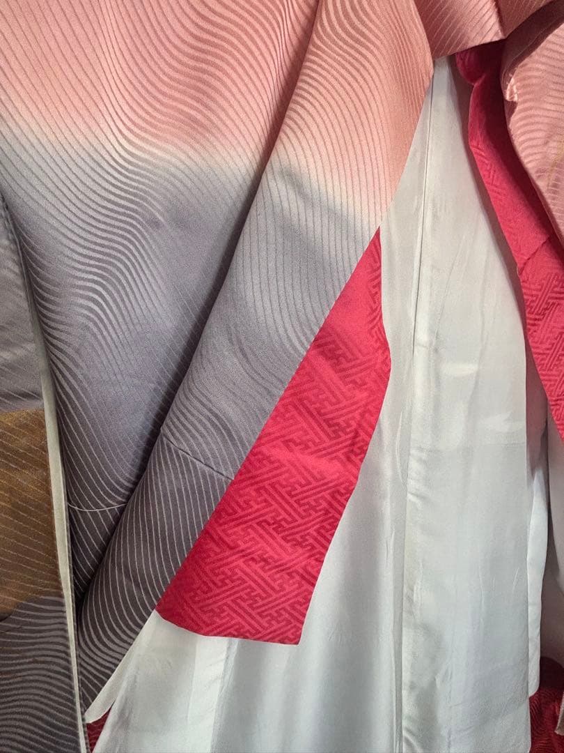 比翼付き 振袖 藤×雲取り 花車 金彩 ピンク×藤色 身丈155 裄64