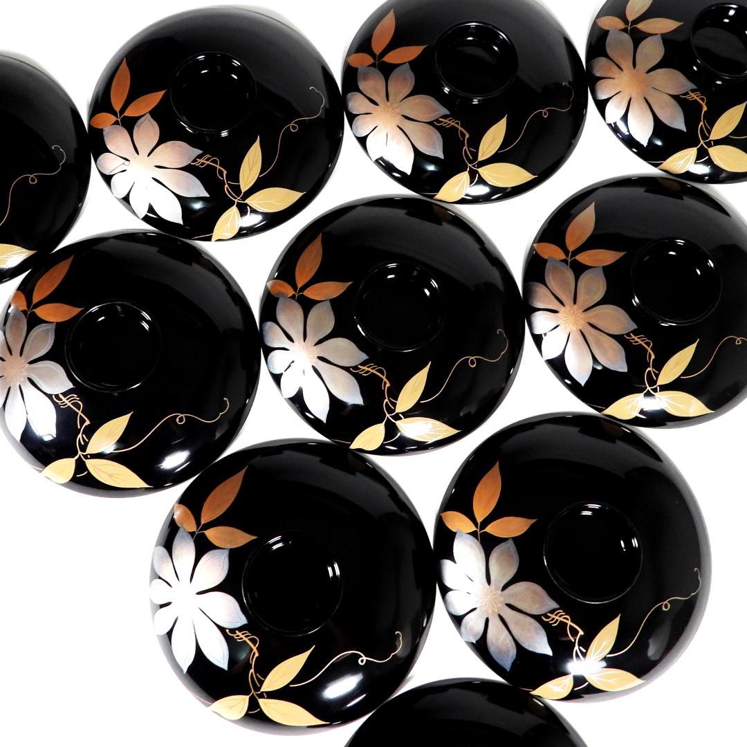 輪島塗　漆器　金蒔絵花絵紋　木製　蓋付椀　お煮物椀　大吸物椀　10客