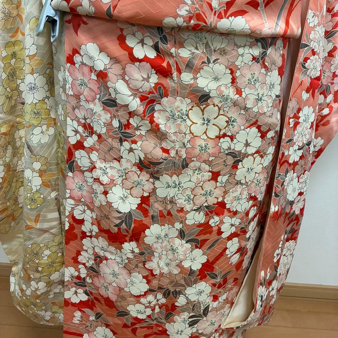【美品】【振袖】総柄 桜 紗綾形地紋 朱色×アイボリー 卒業式 袴用にも