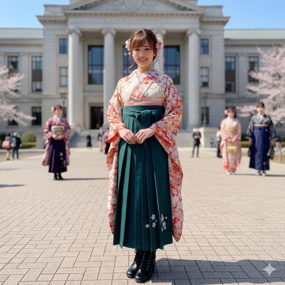 【美品】【振袖】総柄 桜 紗綾形地紋 朱色×アイボリー 卒業式 袴用にも