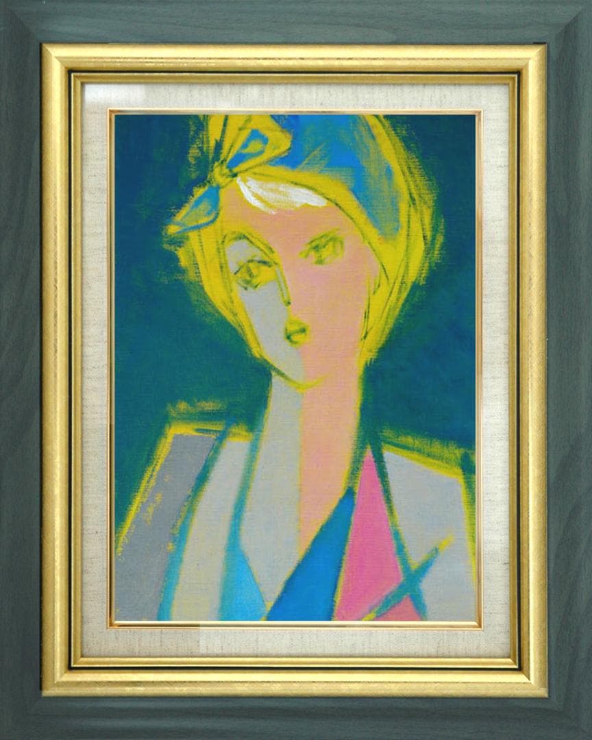 油絵 菅家令子 絵 絵画インテリア額付(青緑＋金色の枠) F6-080612女性
