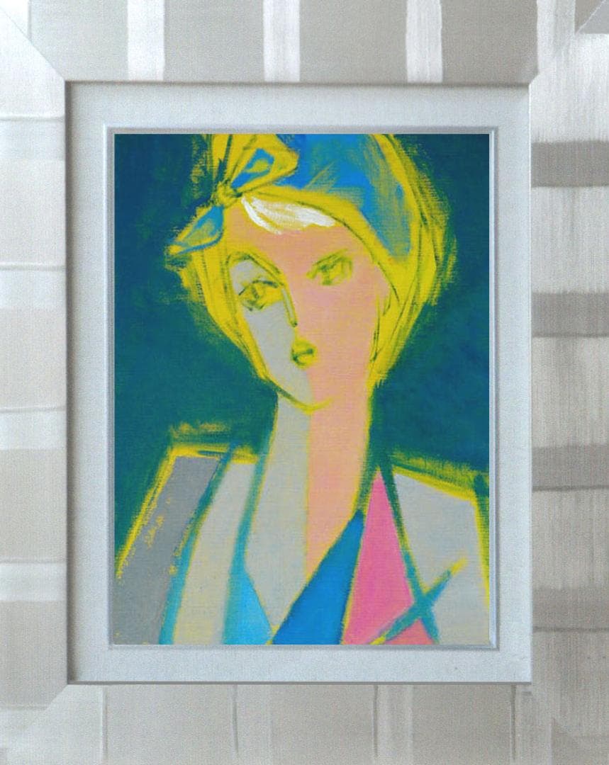 油絵 菅家令子 絵 絵画インテリア額付(青緑＋金色の枠) F6-080612女性