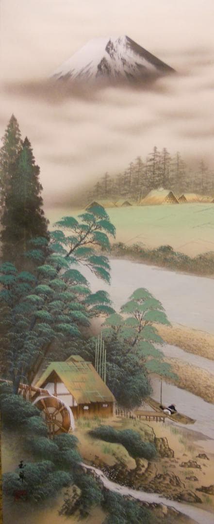 掛け軸 玉翠 彩色富士之図 絹本 希少 軸装 茶道具 掛軸 美品 です。