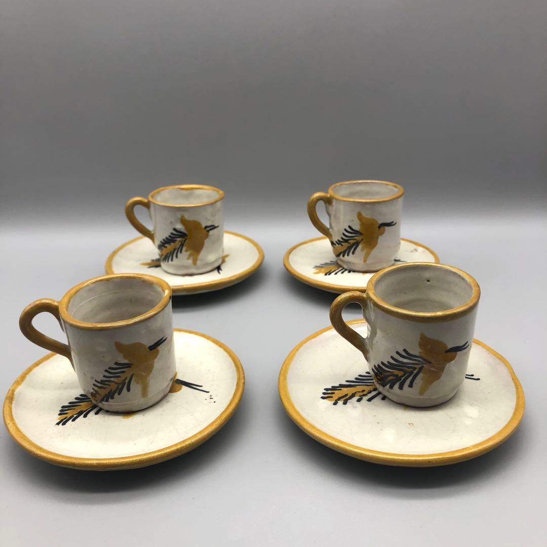 メキシコプエブラタラベラ焼ビンテージ陶器伝統工芸バード鳥カップ&ソーサー4客組