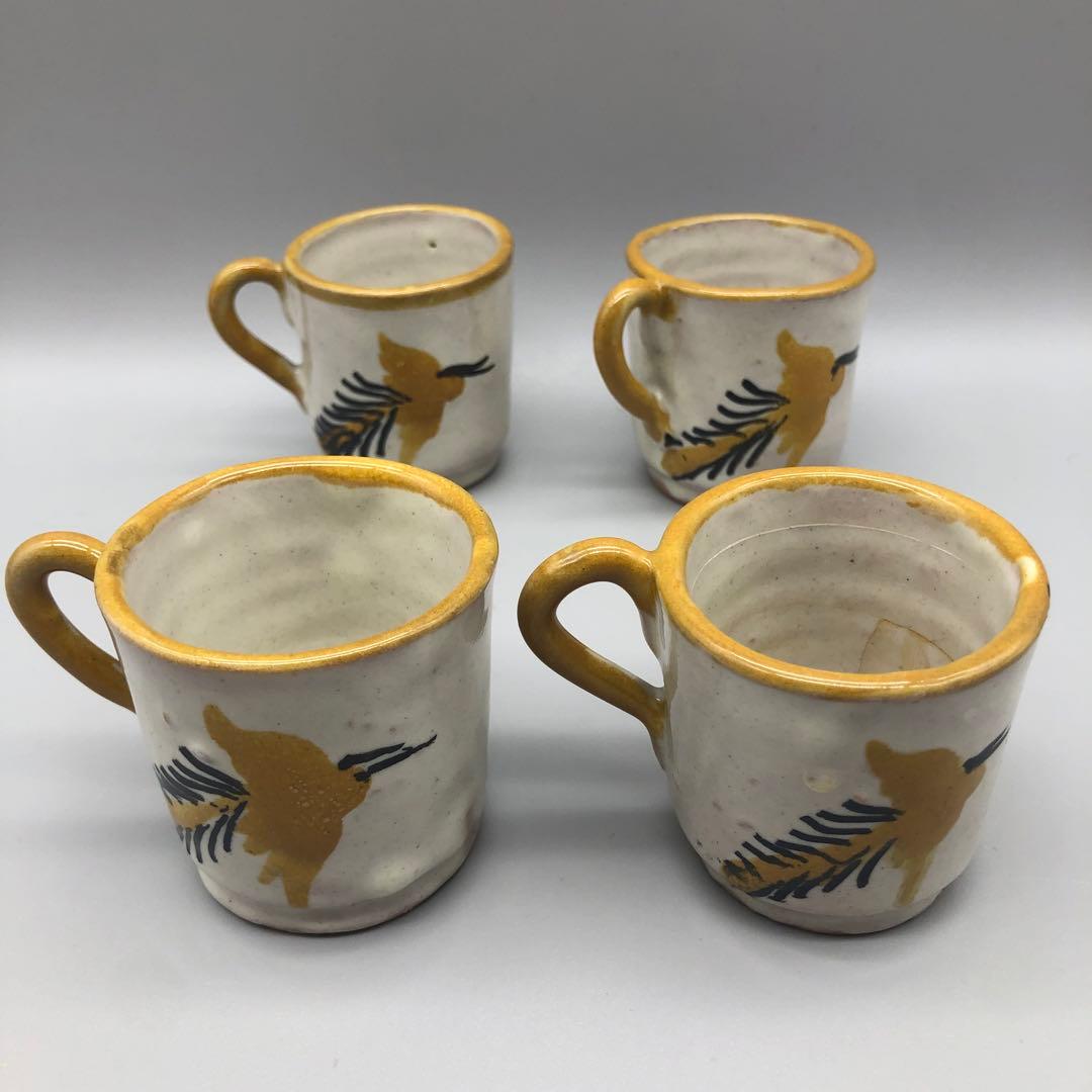 メキシコプエブラタラベラ焼ビンテージ陶器伝統工芸バード鳥カップ&ソーサー4客組