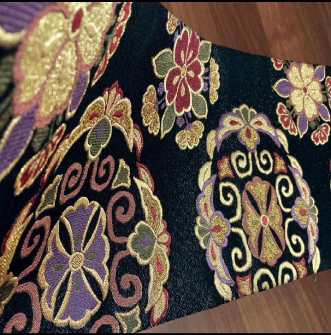 今だけ値下げ こむさでもーど 正絹 振袖用 黒地 華紋 六通 袋帯