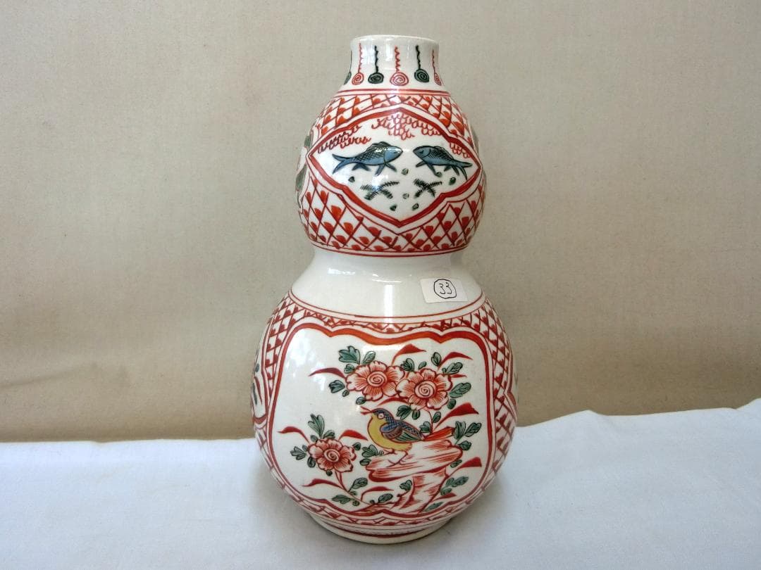 【九谷瓢箪型花器　色絵　角福銘　窓絵花鳥人物図・33】◆花瓶鑑賞　美術工芸　見事