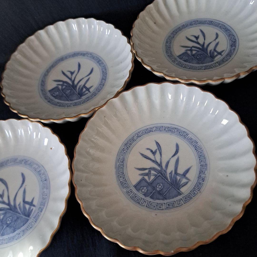 「モダンと素朴さ しのぎ造り！」古伊万里皿(直径13cm) 4客セット 骨董アン