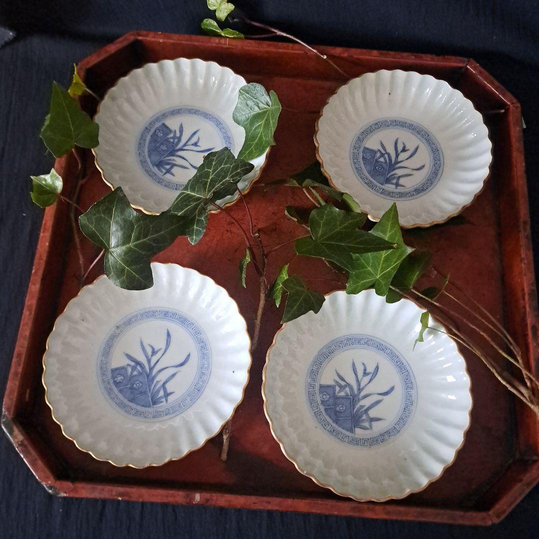 「モダンと素朴さ しのぎ造り！」古伊万里皿(直径13cm) 4客セット 骨董アン