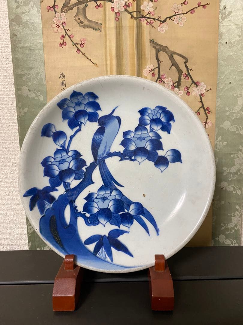 ■古伊万里 志田窯「椿に鳥文10寸皿」■検）大皿江戸後期図変わり皿