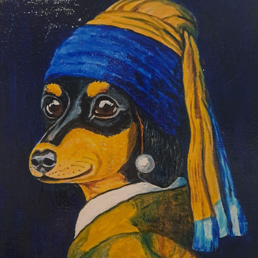 キャンバス油絵 　専用　真珠の耳飾りの青いターバンの犬　フェルメール楽しいアート