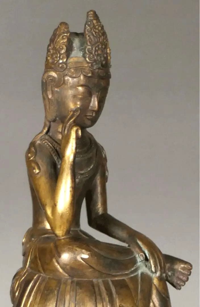 【 金銅弥勒菩薩半跏思惟像 白鳳時代 】 小金銅仏 銅造鍍金仏 骨董 仏像
