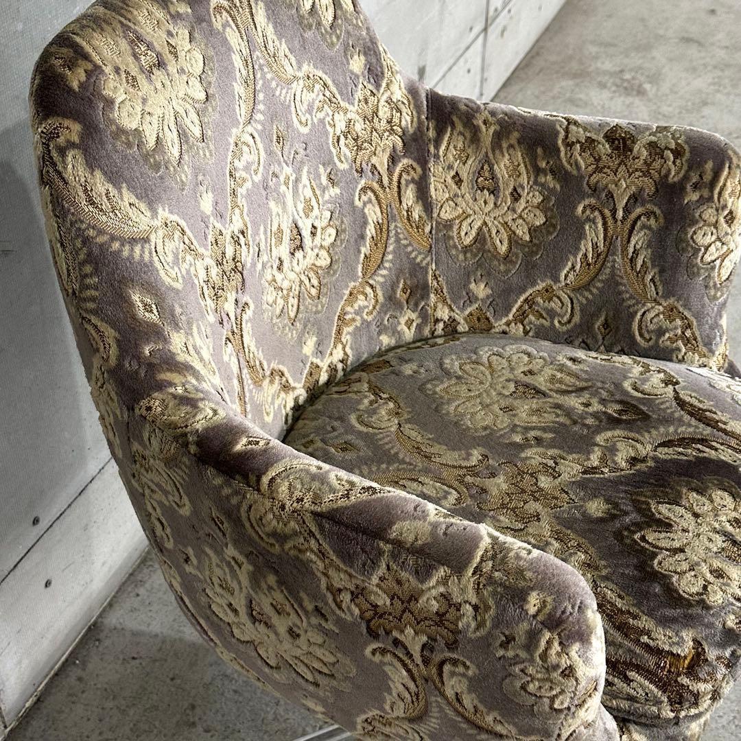 昭和レトロ ヴィンテージ ラウンジチェア 回転式 昇降 キャスター付 ダマスク柄