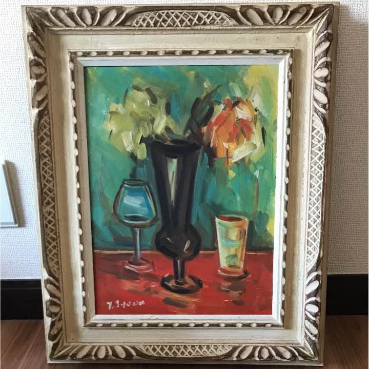 油絵 絵画 花瓶とワイングラスとコップ