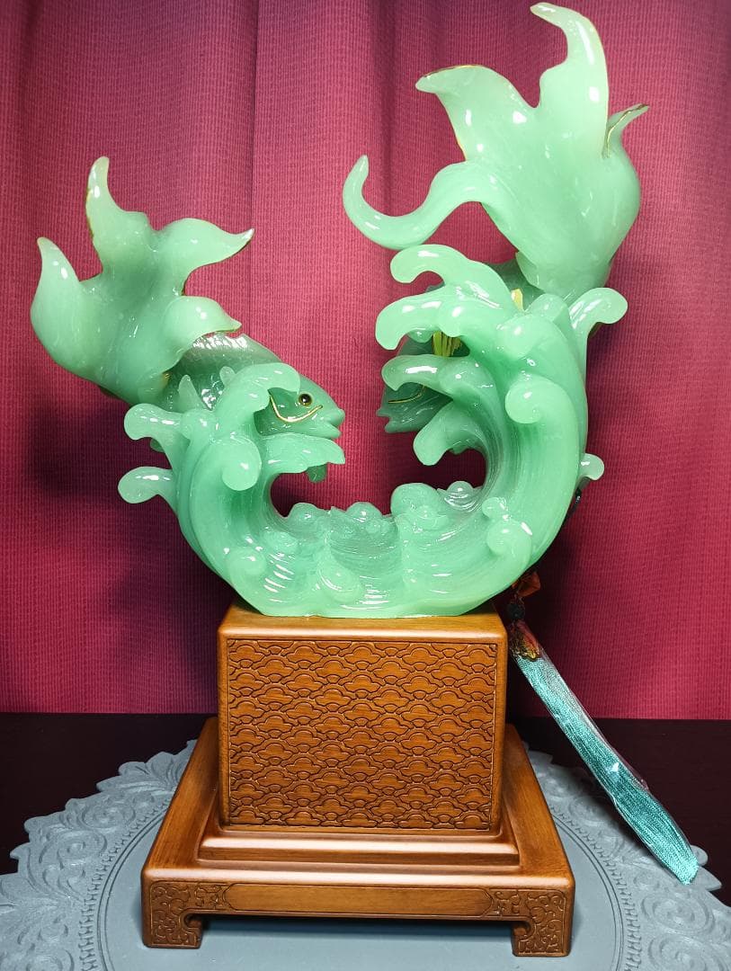中国風水飾り　緑の魚彫刻置物