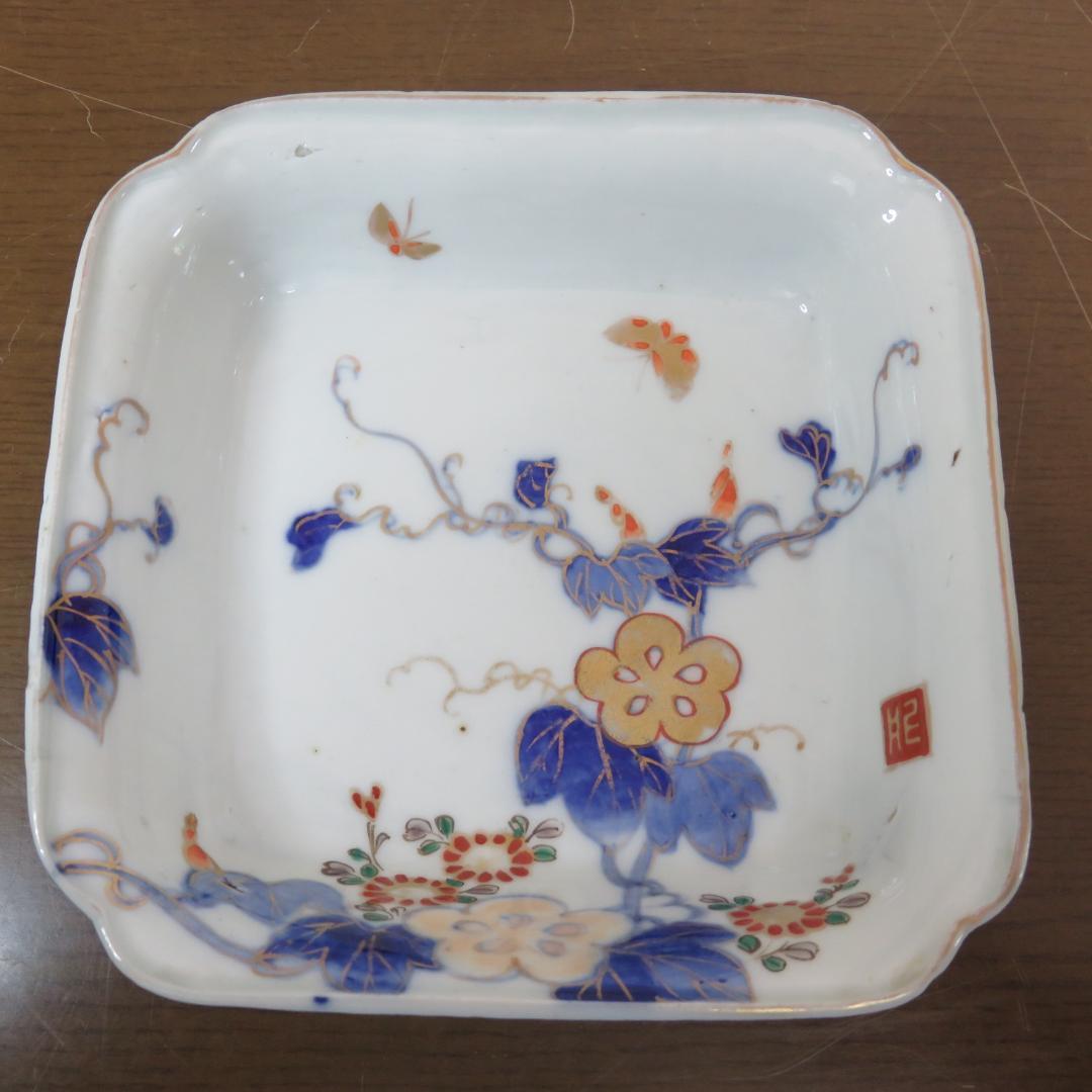 角皿 金彩 色絵付 蝶 へちま 菊 花文様 変形 古伊万里