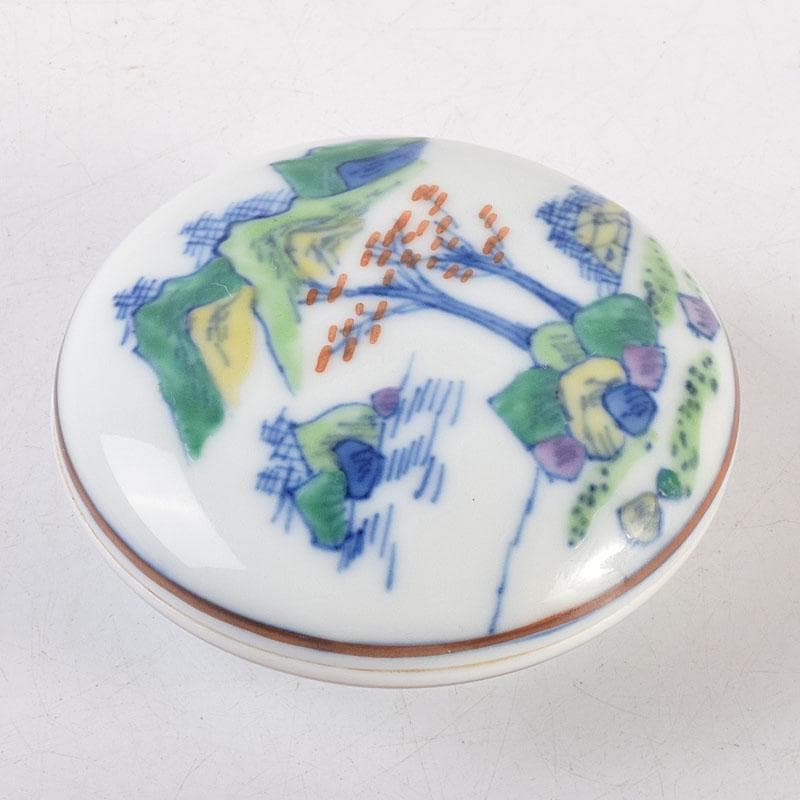 中国　成化年製款　五彩山水文　香合　時代箱　V　6998