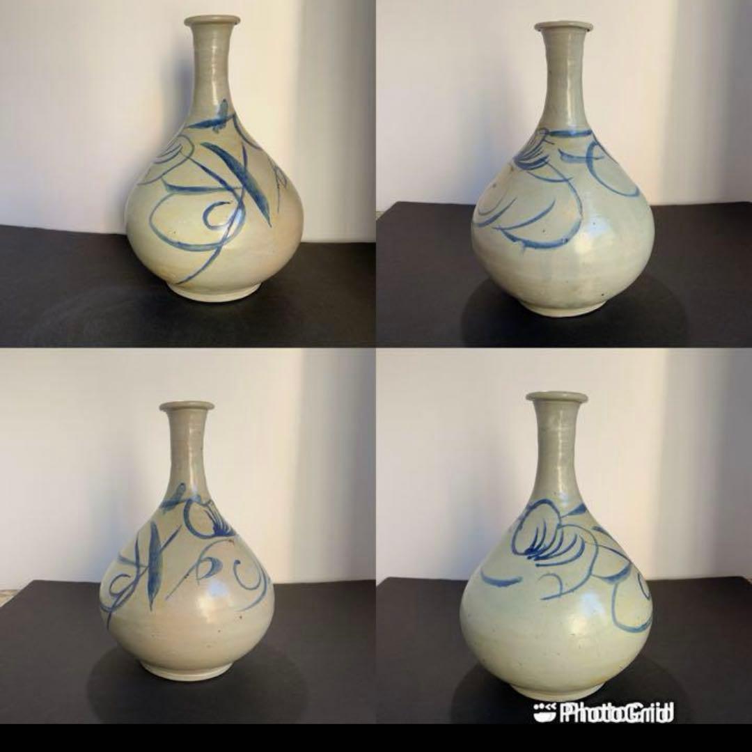 直しあり 李朝　染め付け　染付　花瓶　草模様　壺　徳利　酒器　花　草紋様　朝鮮