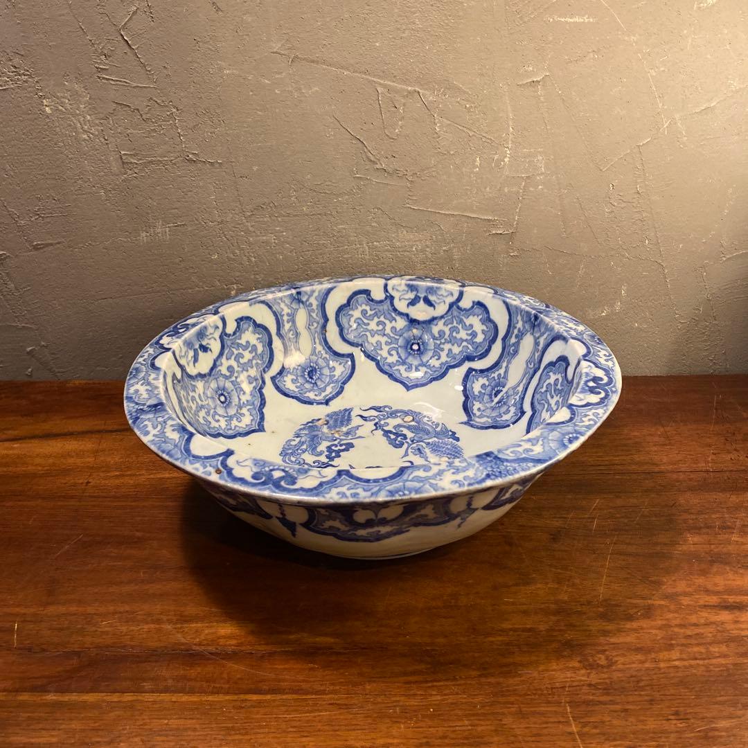 珍品 古伊万里 鳳凰大深鉢 隠れキリシタン 染め付け 26.5cm 骨董品