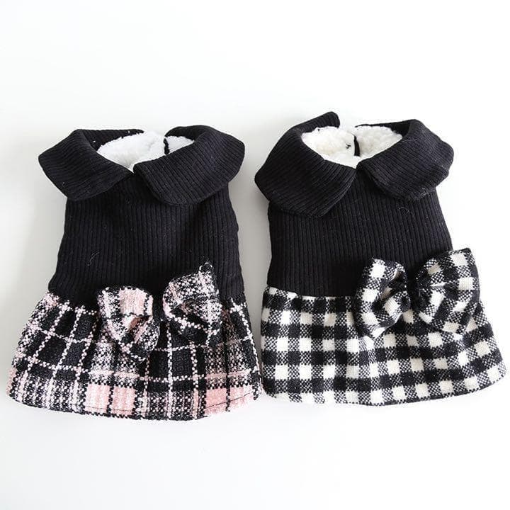 0271-1犬服ドッグウェアペット服温かいチェック柄ワンピースリボン