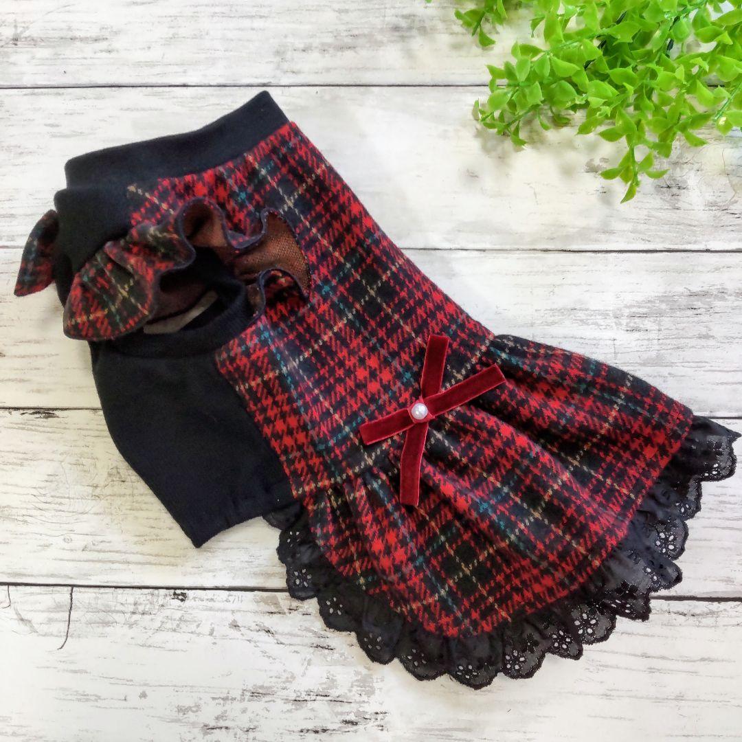 犬服 No.168 スコットチェック赤わんぴ ハンドメイド