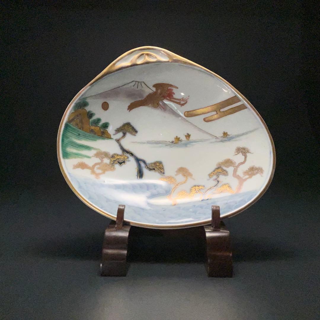 伊万里金襴手 富士と松鶴図貝形皿　古伊万里　骨董　R1285w1ダB