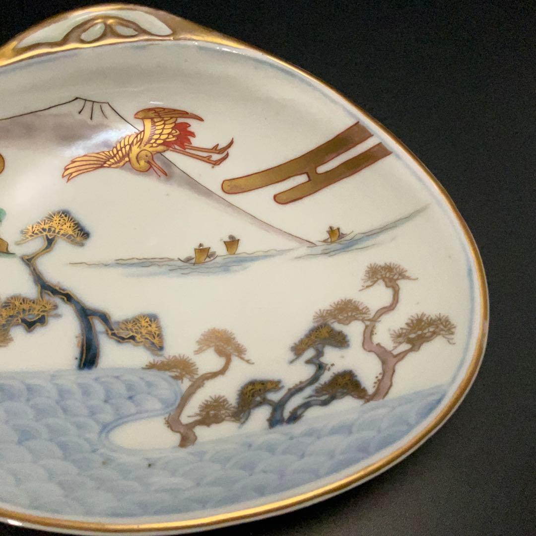 伊万里金襴手 富士と松鶴図貝形皿　古伊万里　骨董　R1285w1ダB