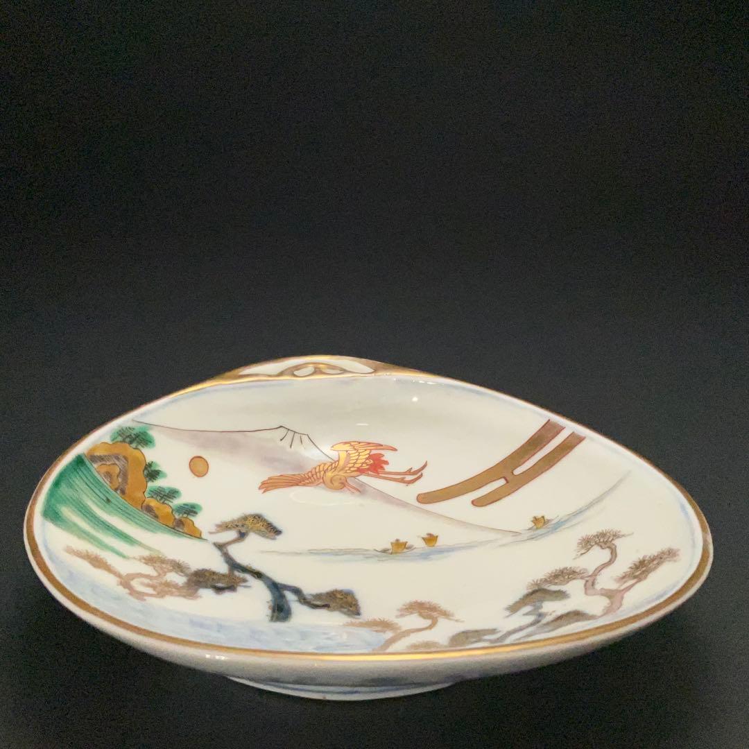 伊万里金襴手 富士と松鶴図貝形皿　古伊万里　骨董　R1285w1ダB