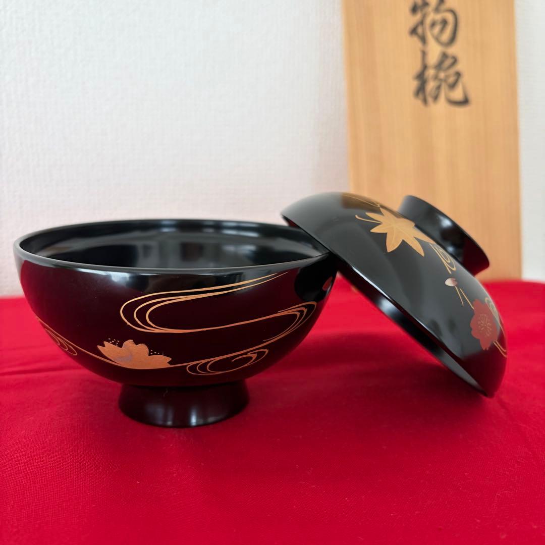 輪島塗椀 5客セット 金色と赤色の花模様