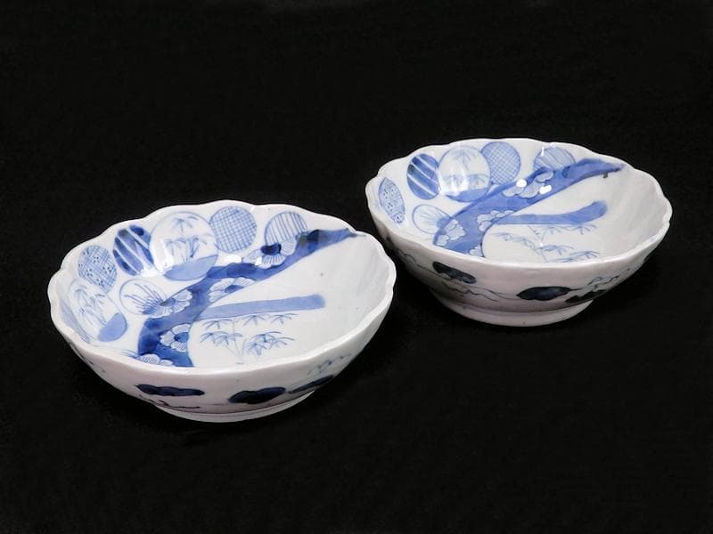 古伊万里　染付　丸紋　月に笹の図　膾皿　2客　江戸期　D810AS-BLb