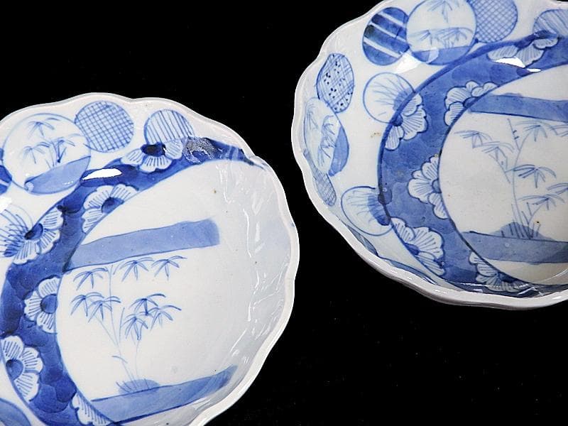 古伊万里　染付　丸紋　月に笹の図　膾皿　2客　江戸期　D810AS-BLb