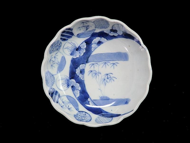 古伊万里　染付　丸紋　月に笹の図　膾皿　2客　江戸期　D810AS-BLb