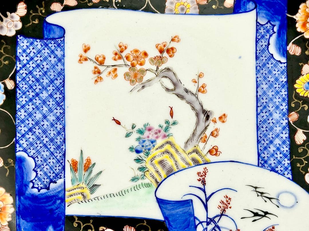 香蘭社 明治初期 染錦褐地花鳥文八寸皿 伊万里 有田