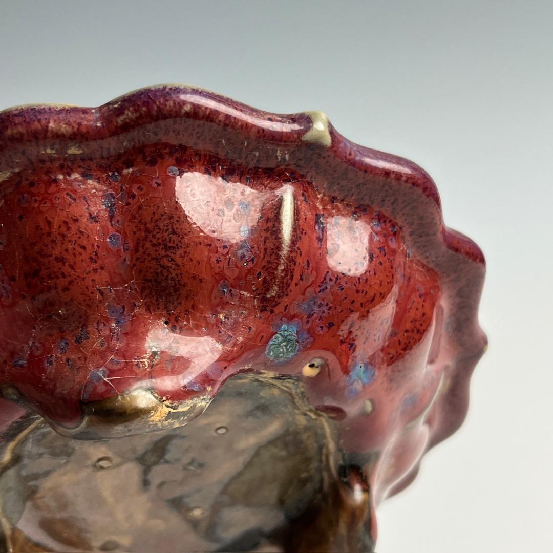 鈞窯 玫瑰紫釉陵花鼓釘三足洗 款 唐物 中国古玩 中国美術 A802as